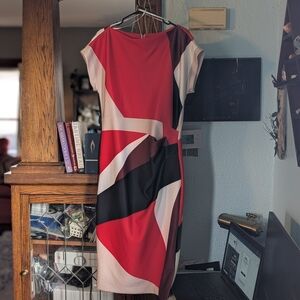 Donna Karan Red and Black Abstract Midi Dress